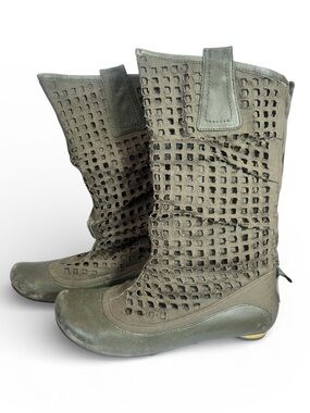 Y2K Vintage Japanese Women's Olive Perforated Net Mid-Calf Boots